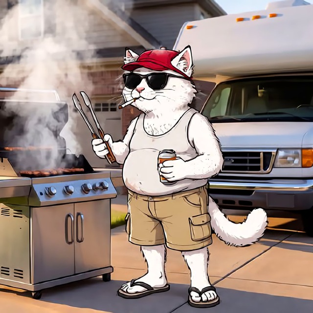 Boomer Cat in sunglasses, red cap and cargo shorts grilling beside his RV